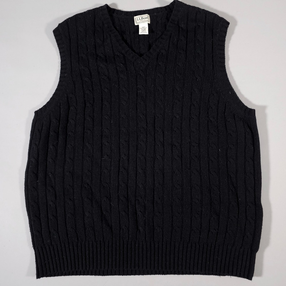 LL Bean Sweater Vest Mens XL Black Lambswool Cable Knit V-Neck O‎ DBA9